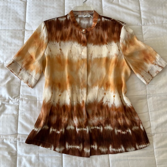 SOLD MANGO Tie-Dye Satin Round Collar Button Front Shirt Size S - Picture 7 of 16